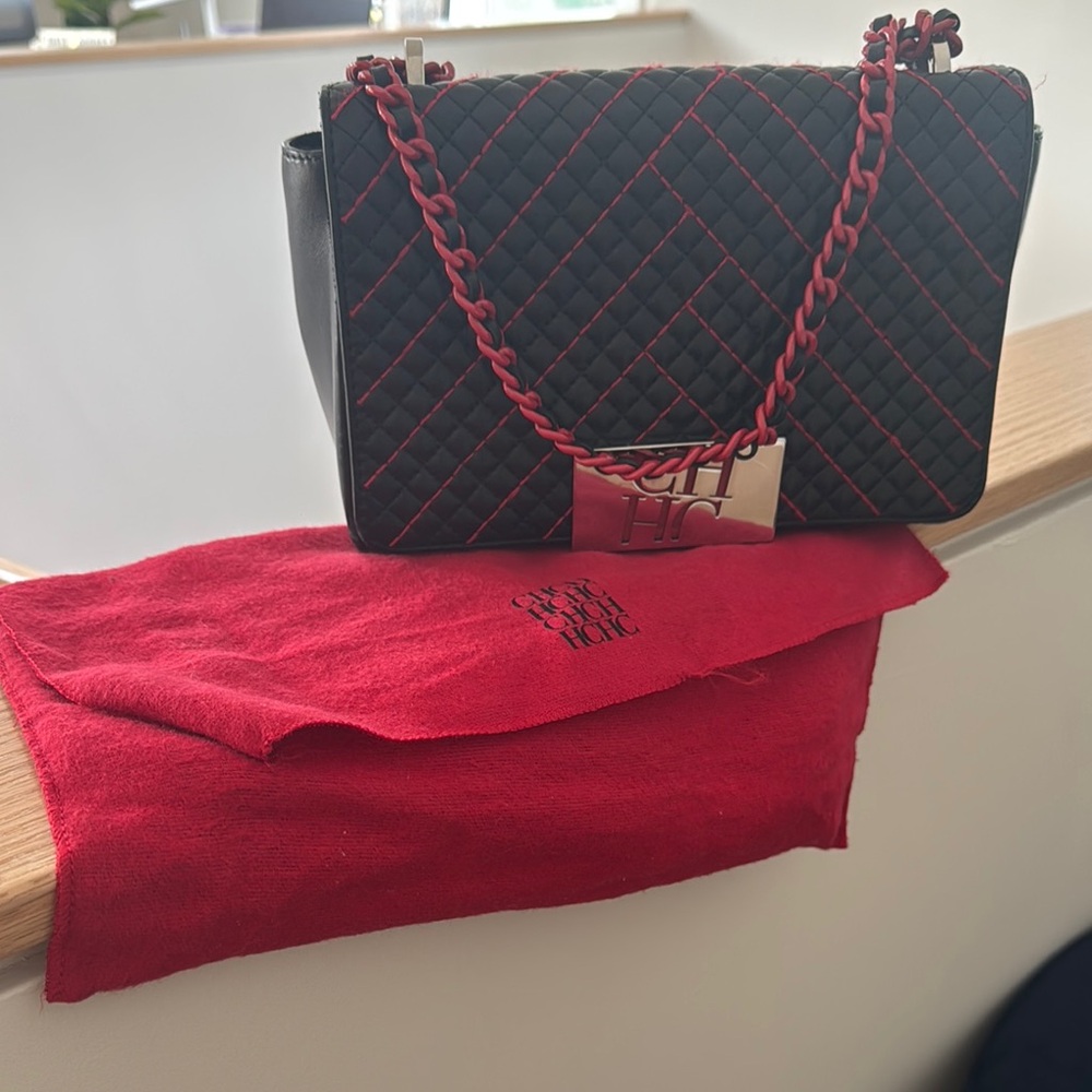 Carolina Herrera Quilted Black and Red Shoulder Bag